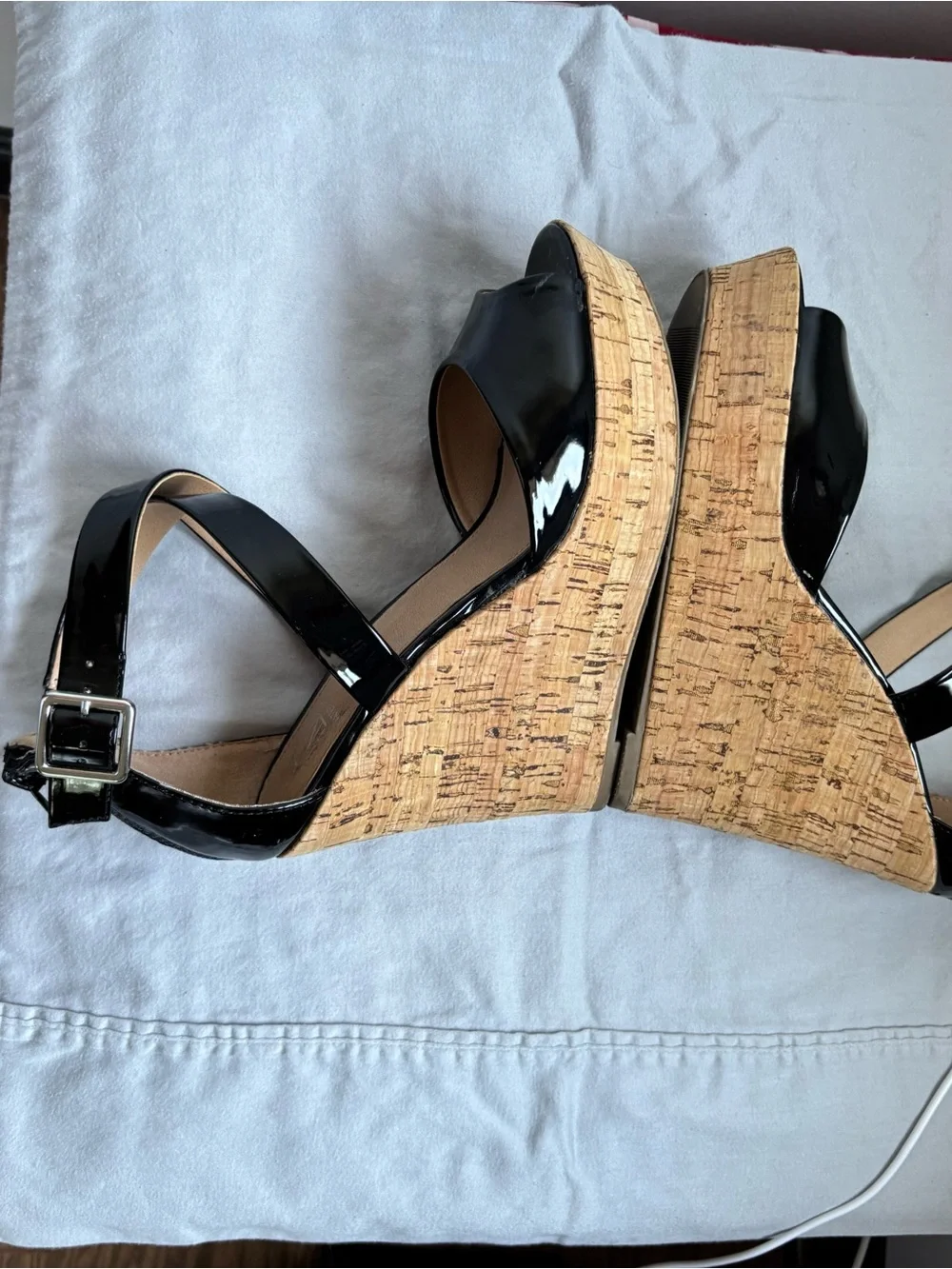 Material Girl Black Patent Cork Platform Wedge Sandals